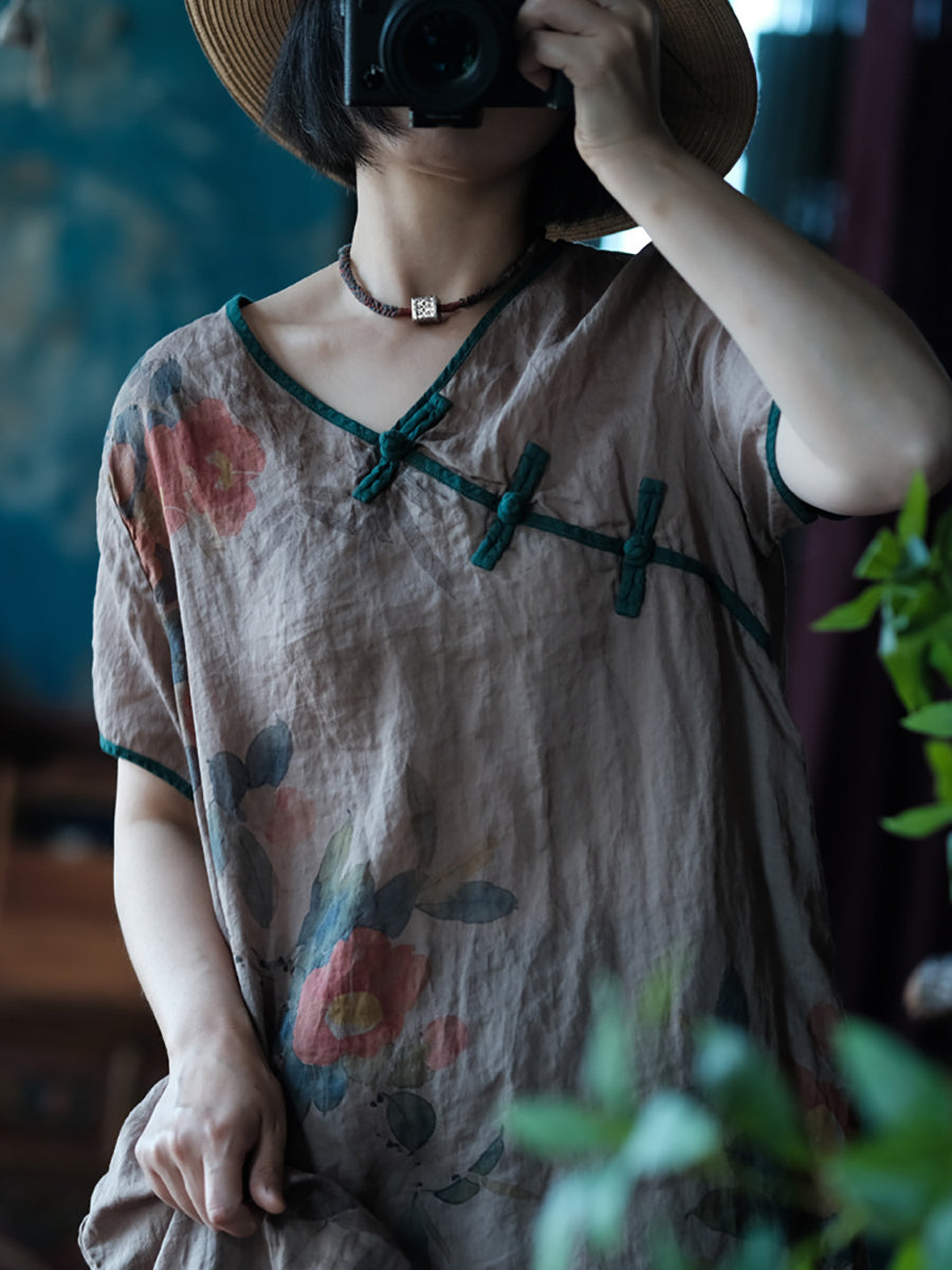 女款民族夏季花朵印花搭扣亞麻連身裙