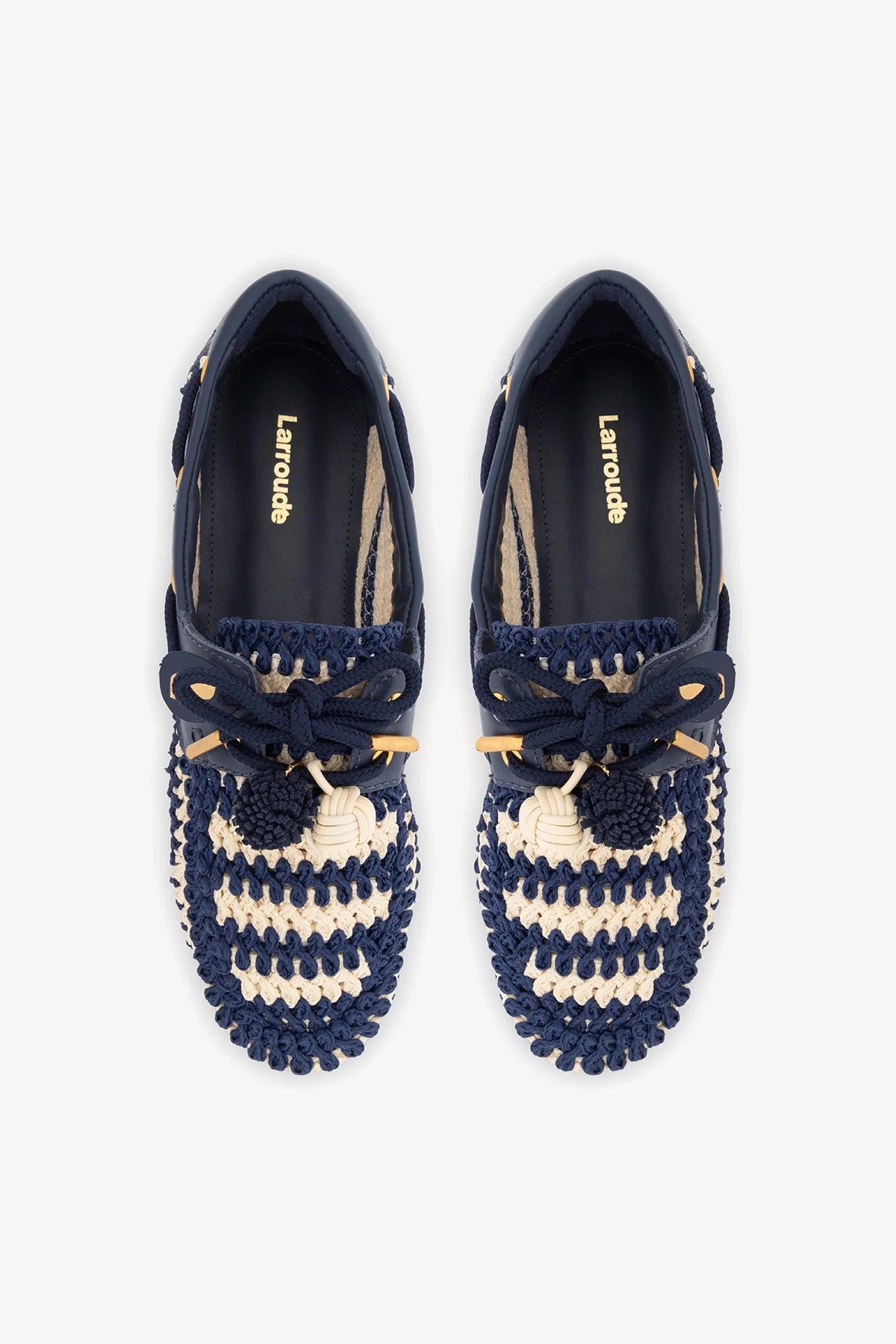 Cyprus Crochet Boat Shoe In Navy and Ivory Crochet and Navy Leather