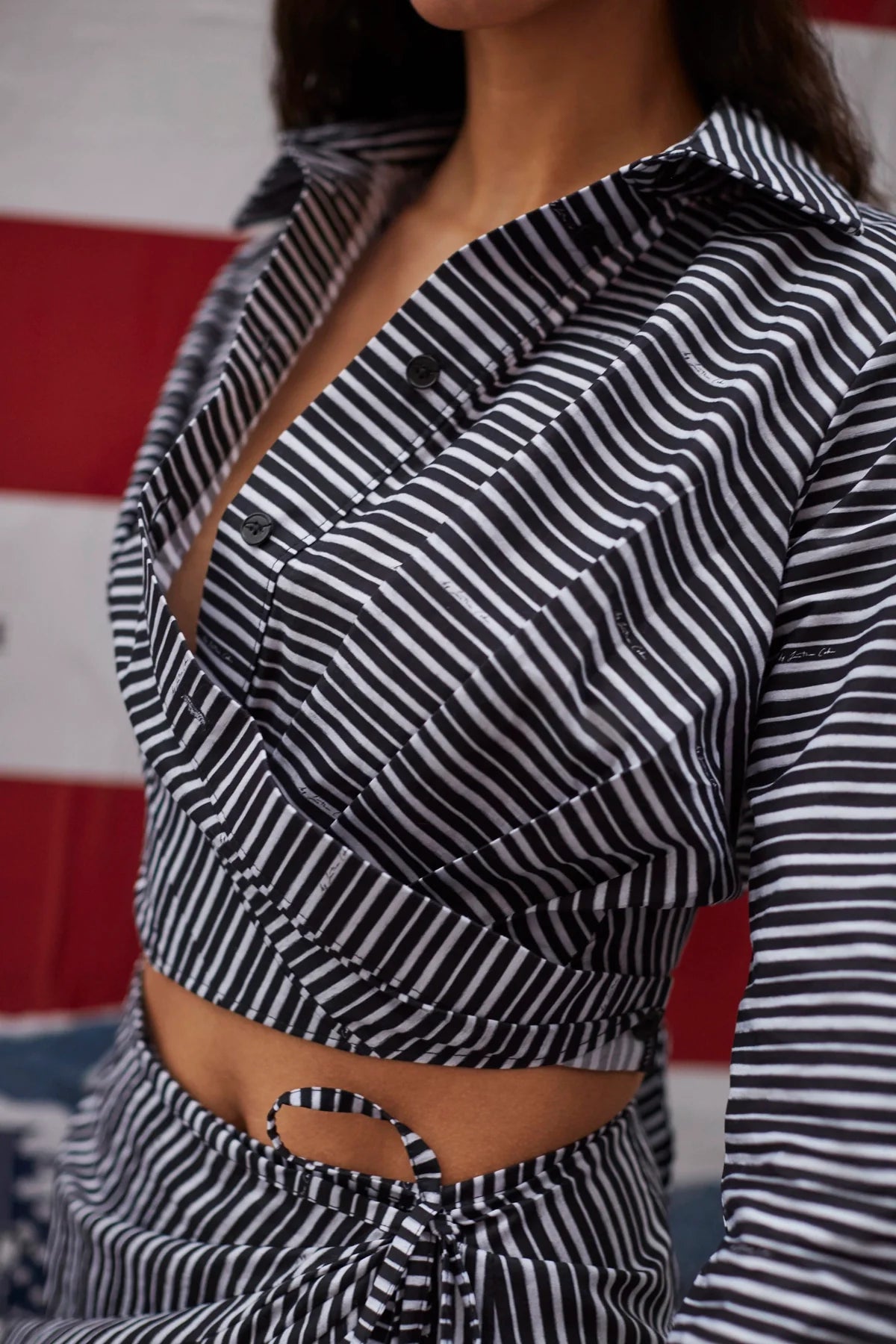Rose Wrap Top In Black and White Striped Cotton