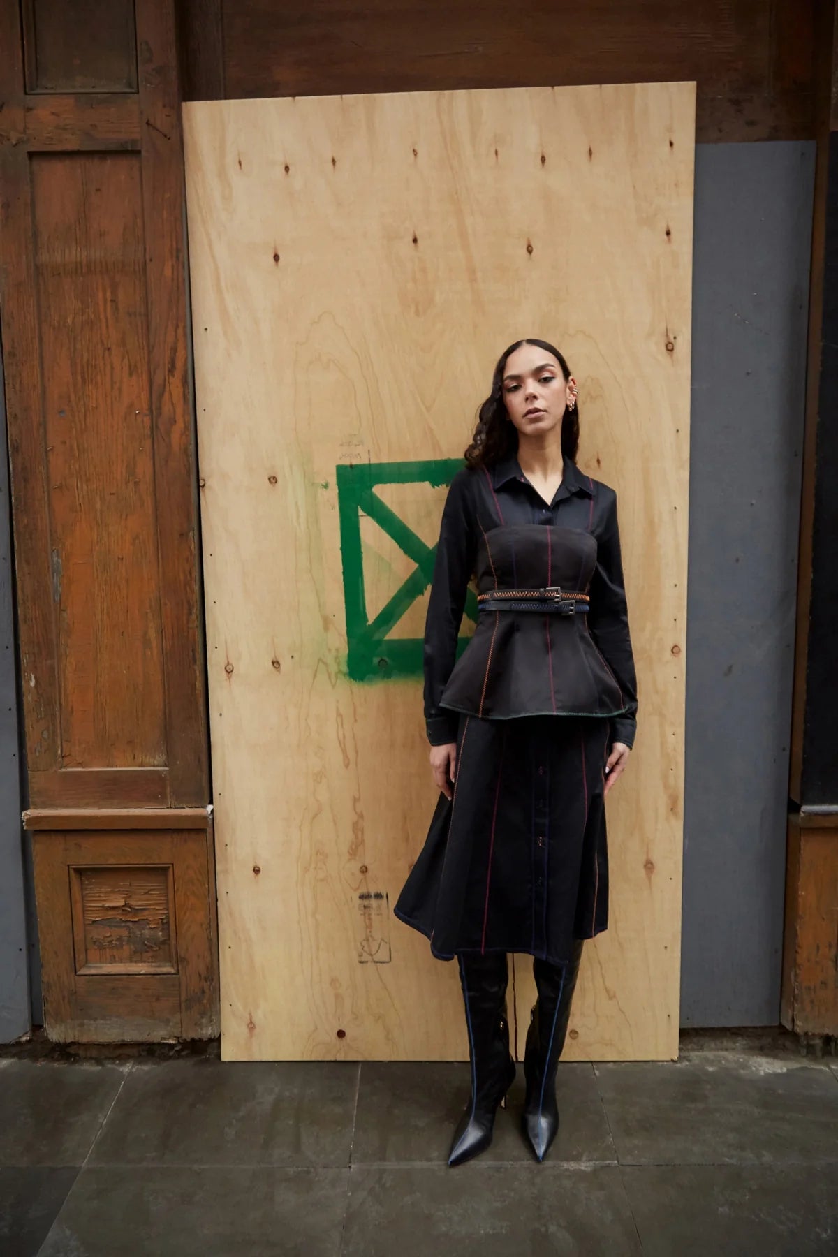 Elena Buttondown Dress In Black Percale
