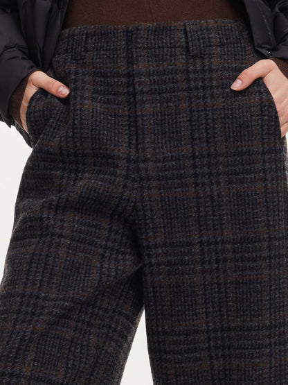100% Wool Plaid Women Wide Leg Pants
