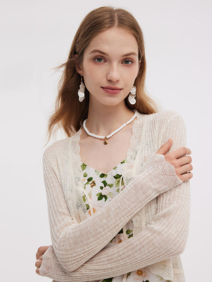 Wavy Trim Tie Front Women Cardigan