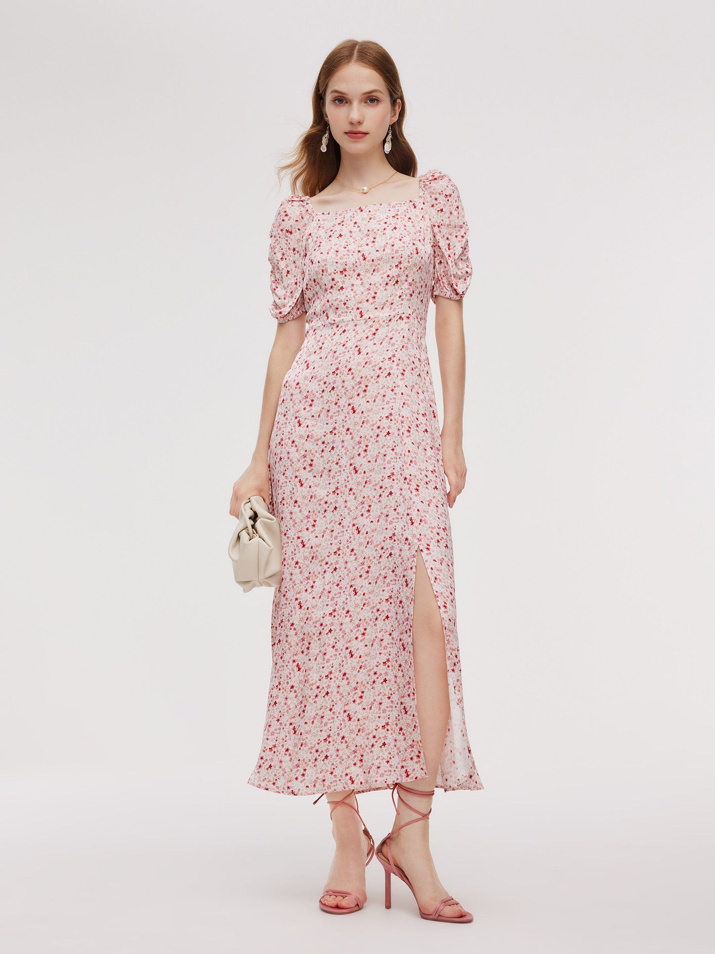 Floral Print Side Slit Women Ruched Sleeve Maxi Dress