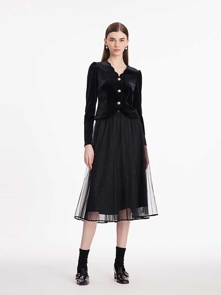 Wave Cut V-Neck Velvet Top And Tulle Skirt Two-Piece Set