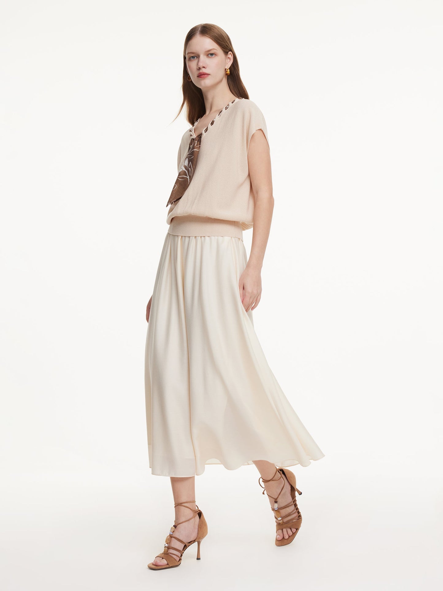 Pre-Order Silky Scarf Neck Knit Top And Acetate Blend Skirt Two-Piece Set