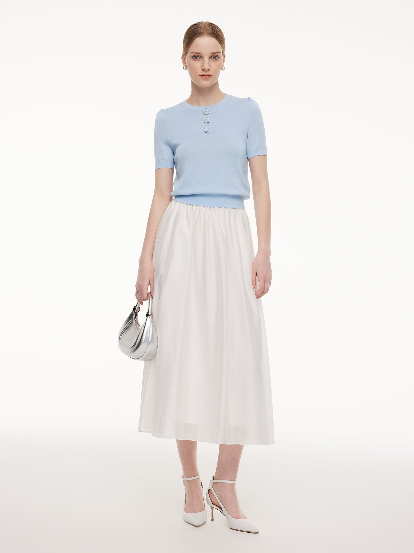 Tencel Blend Knit Top And A-Line Skirt Two-Piece Set With Detachable 3D Crochet Flowers