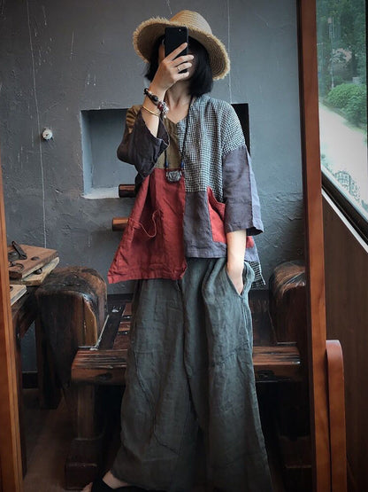 大尺碼女款亞麻復古貼片拼接口袋不規則寬鬆襯衫