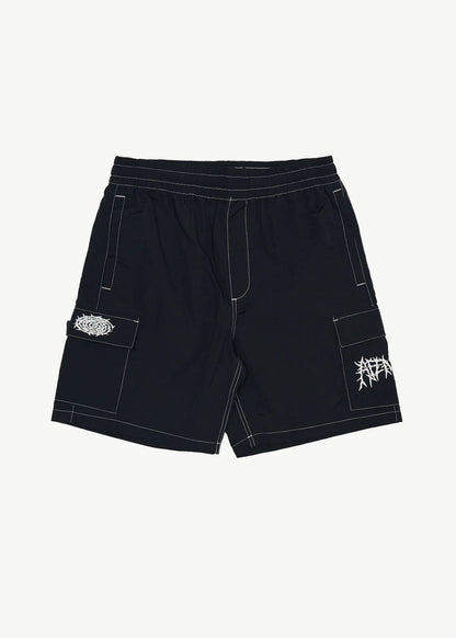 AFENDS Mens Heavy Petal - Cargo Baywatch Swim Short 18" - Black