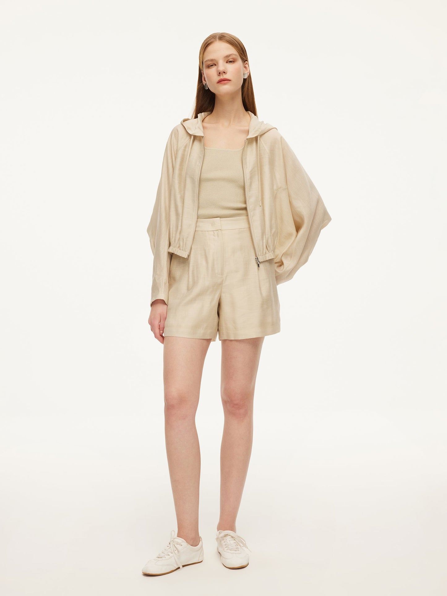 Tencel Acetate Linen Blend Women Zip-Up Hooded Cropped Jacket