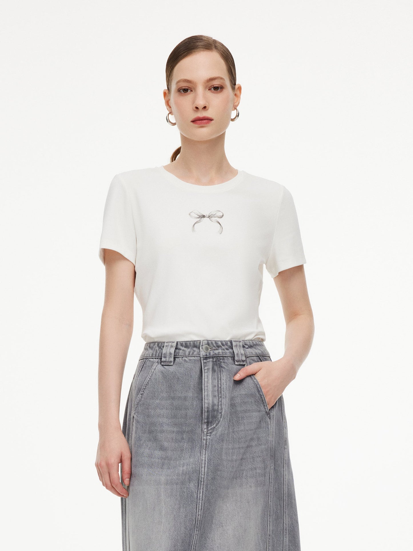Bowknot Print Gathered Waist Women T-Shirt