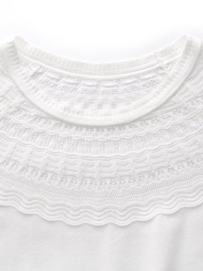 Tencel Blend Openwork Women Ruffle Round Neck Knit Top