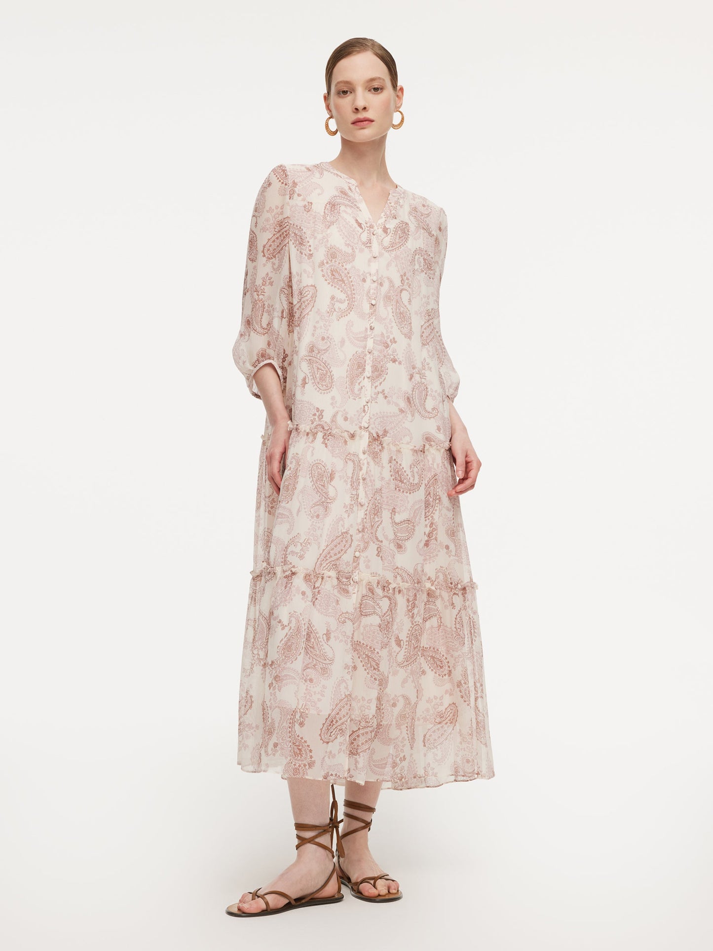 10MM Mulberry Silk Paisley Print Women Maxi Dress With Two Self-Tie Belts