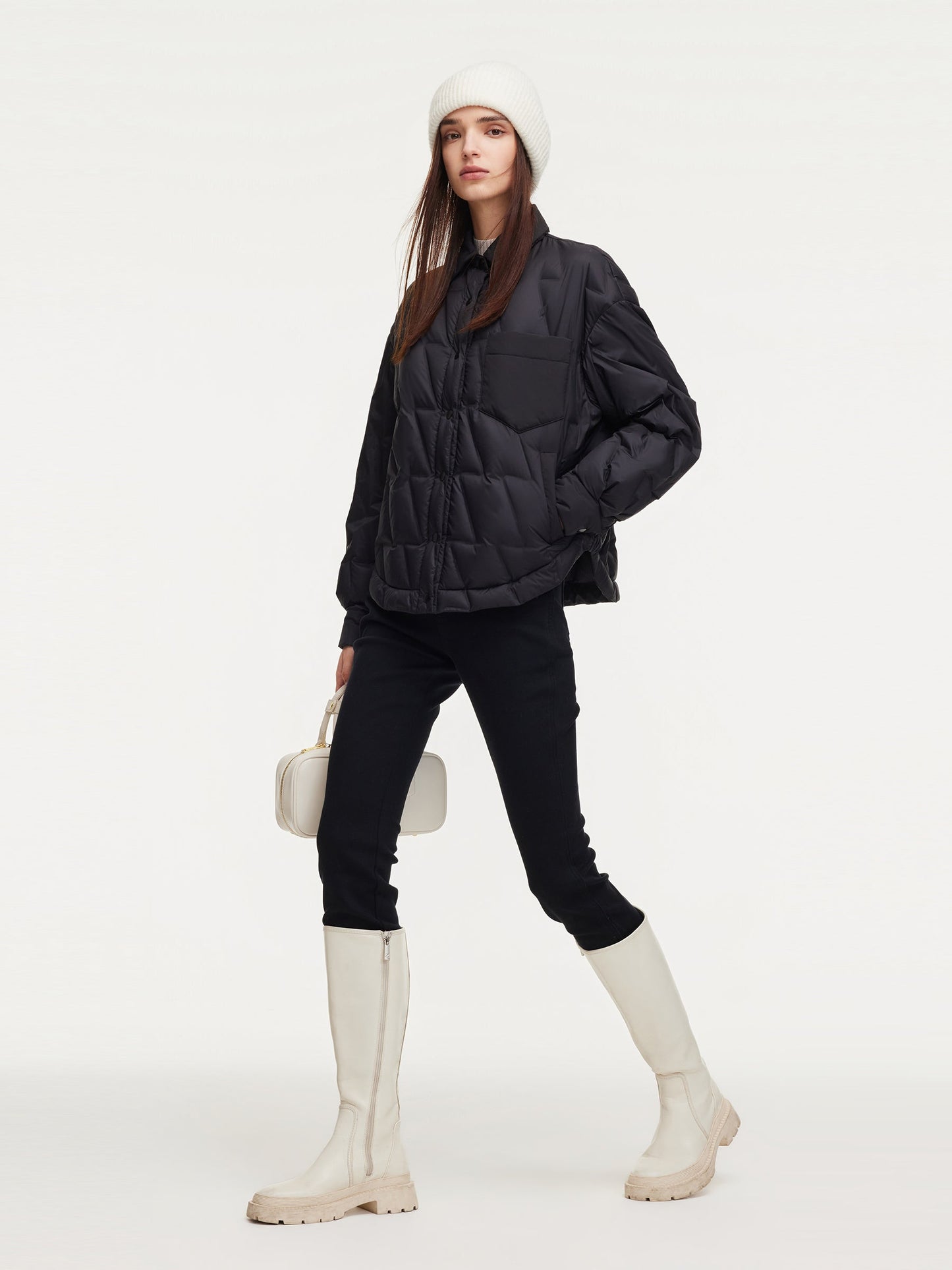 Drawstring Hem Shirt Collar Goose Down Jacket