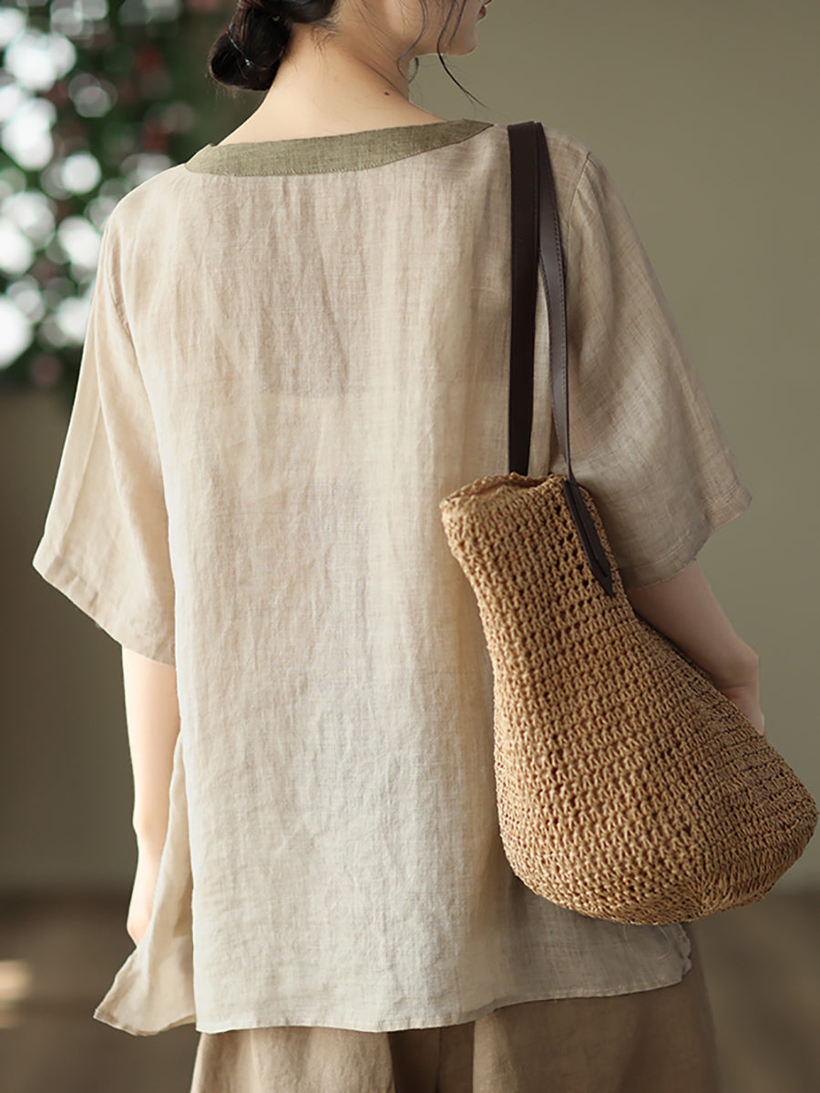 大尺碼女款休閒刺繡苧麻春季 T 卹