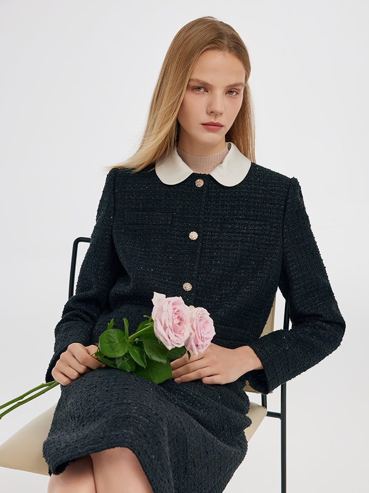 Tweed Crop Jacket And A-Line Skirt Two-Piece Set With Detachable Contrast Collar