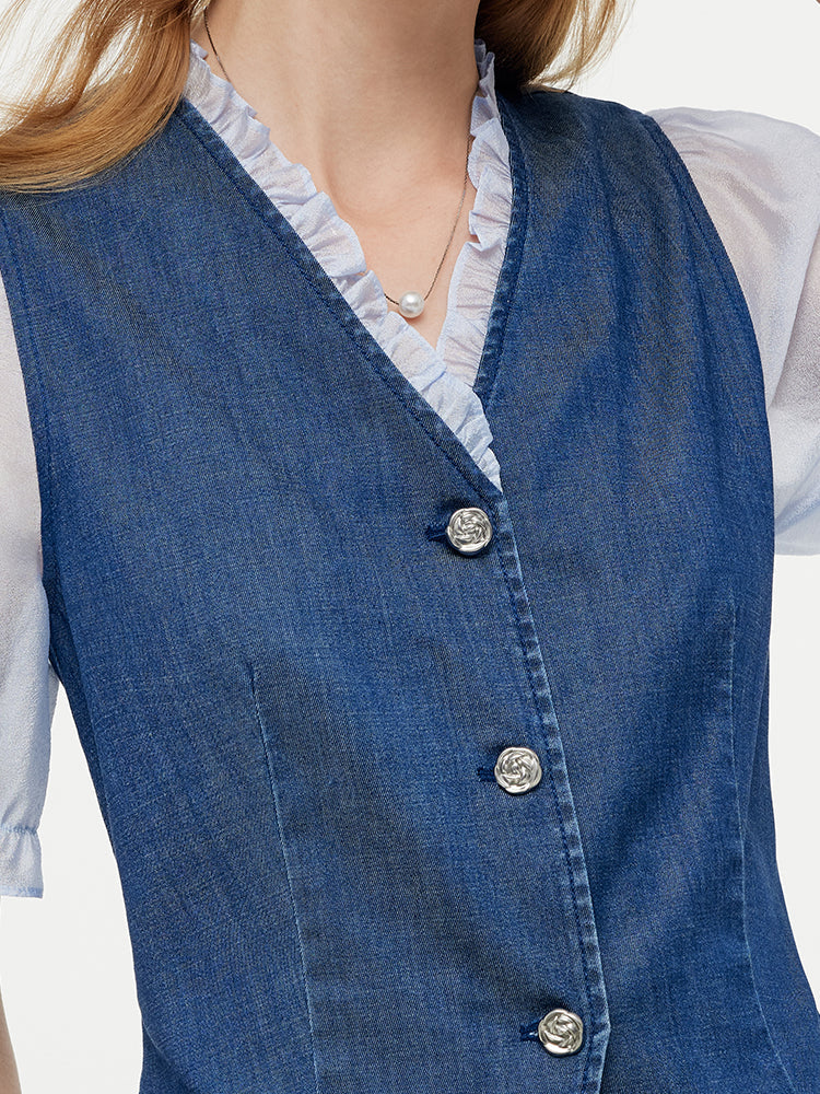 Denim Lyocell Patchwork Crop Jacket And Skirt Two-Piece Set