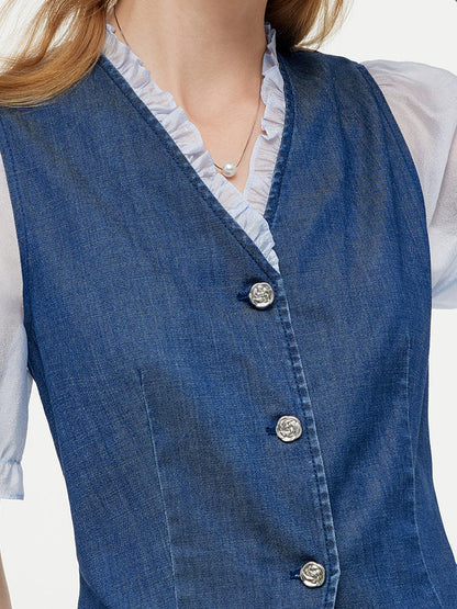 Denim Lyocell Patchwork Crop Jacket And Skirt Two-Piece Set