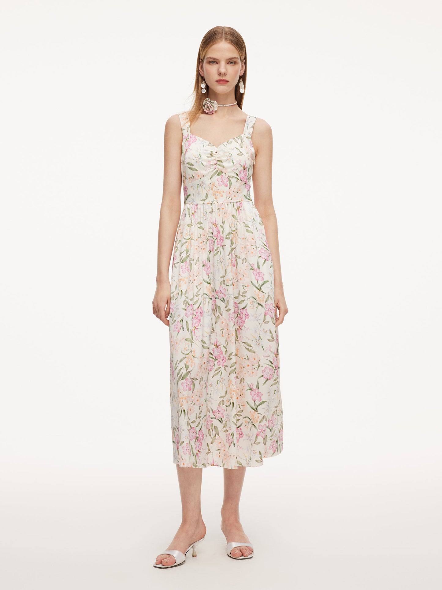 19MM Mulberry Silk Floral Print Women Maxi Dress With Ribbon