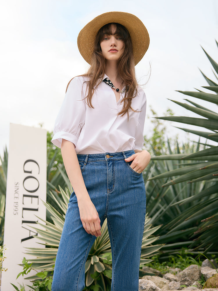 Puff Sleeves V-Neck Women Shirt With Silk Scarf