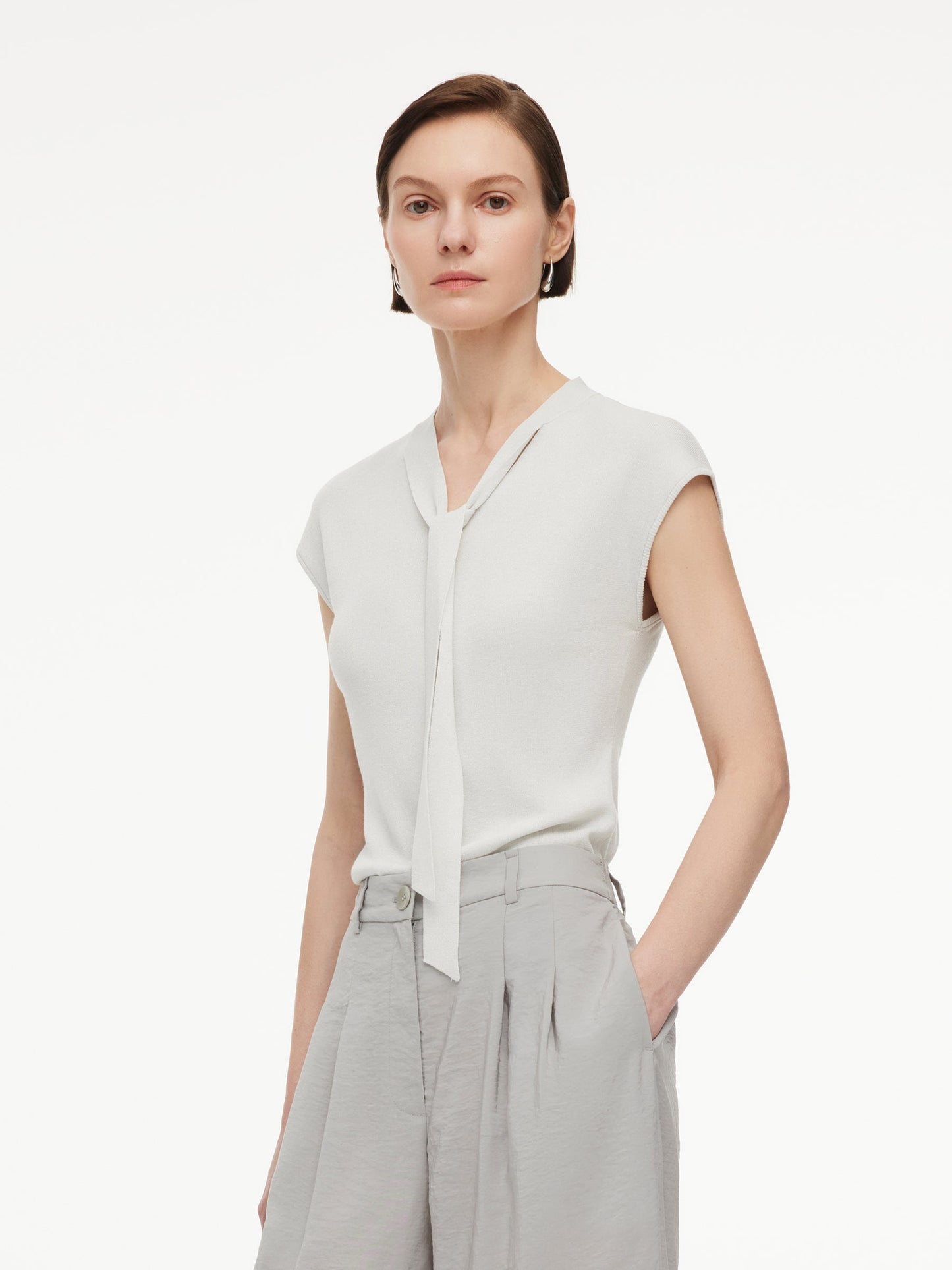 Lyocell Wool Blend Tie Front Women Knit Top
