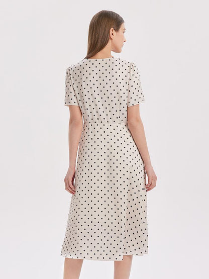 Beige Combo Print V-Neck Twisted Polka Dot Midi Dress