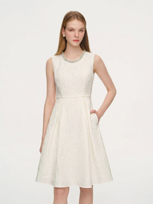 [Preview] Jacquard Beaded Neckline Women Sleeveless Midi Dress
