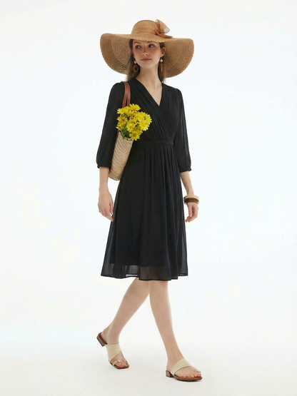 V-Neck Pleated Lace Up Wrap Midi Dress