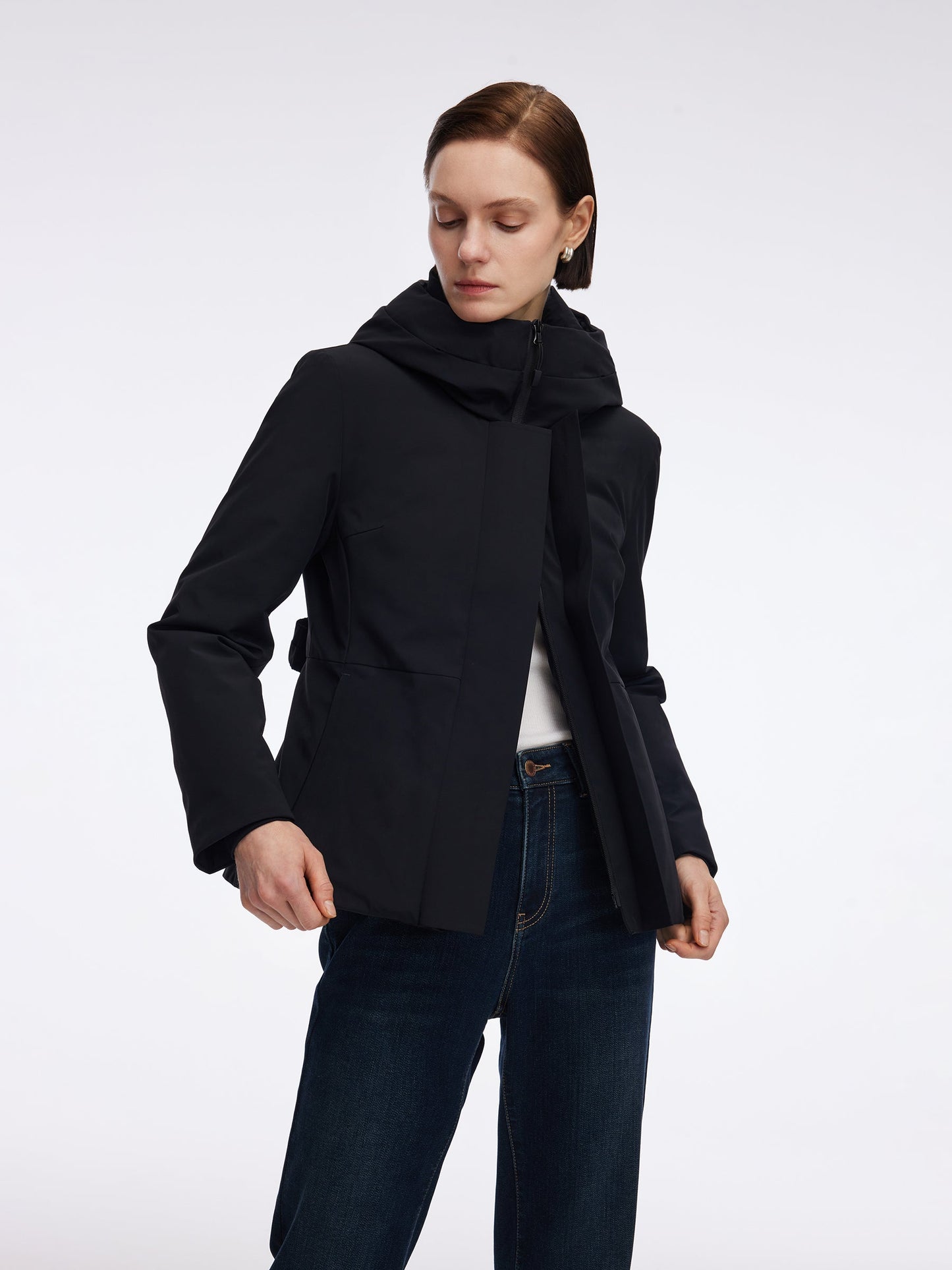 Gathered Waist Hooded Goose Down Jacket With Belt