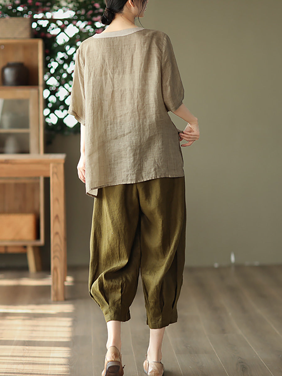 大尺碼女款休閒刺繡苧麻春季 T 卹