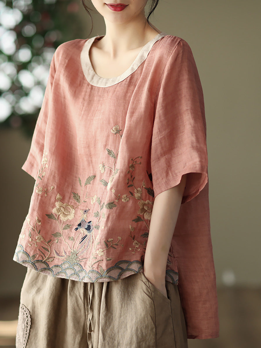 大尺碼女款休閒刺繡苧麻春季 T 卹