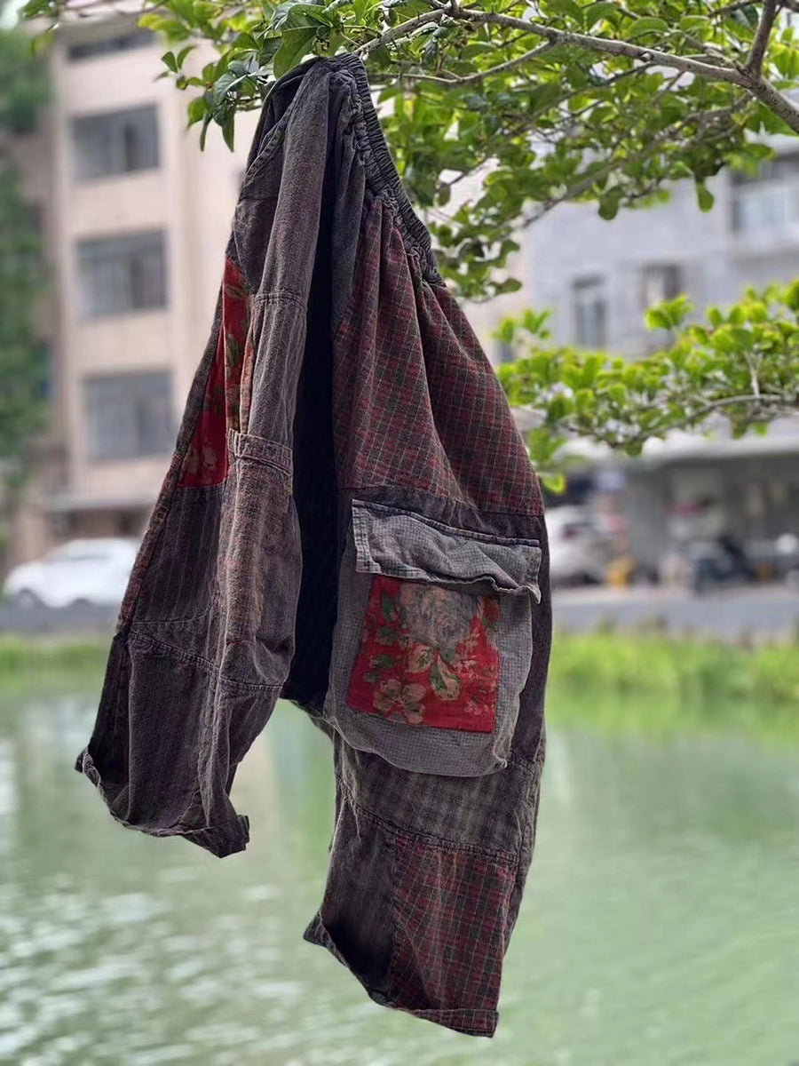 大尺碼女中國風拼布口袋寬鬆褲