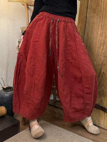女士春季純色亞麻哈倫褲
