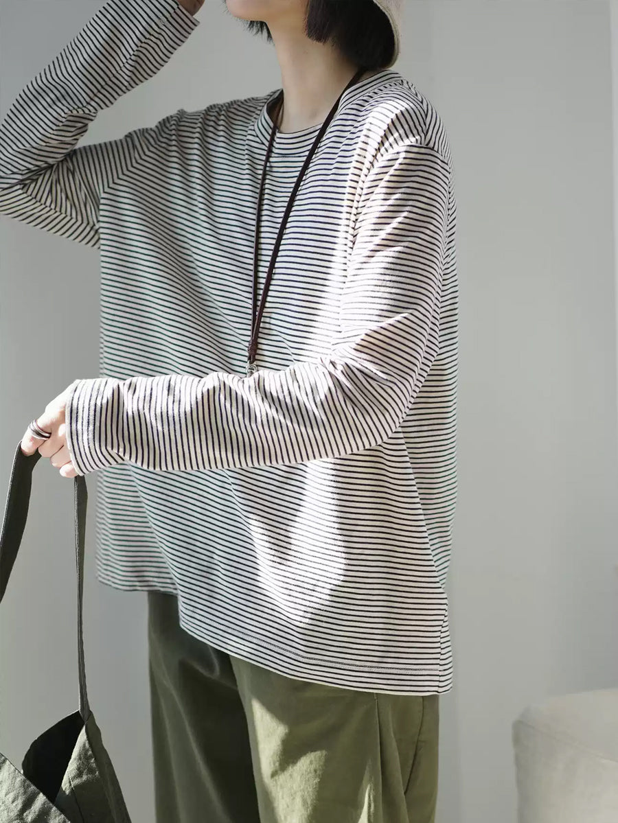 女士春季休閒條紋圓領純棉襯衫