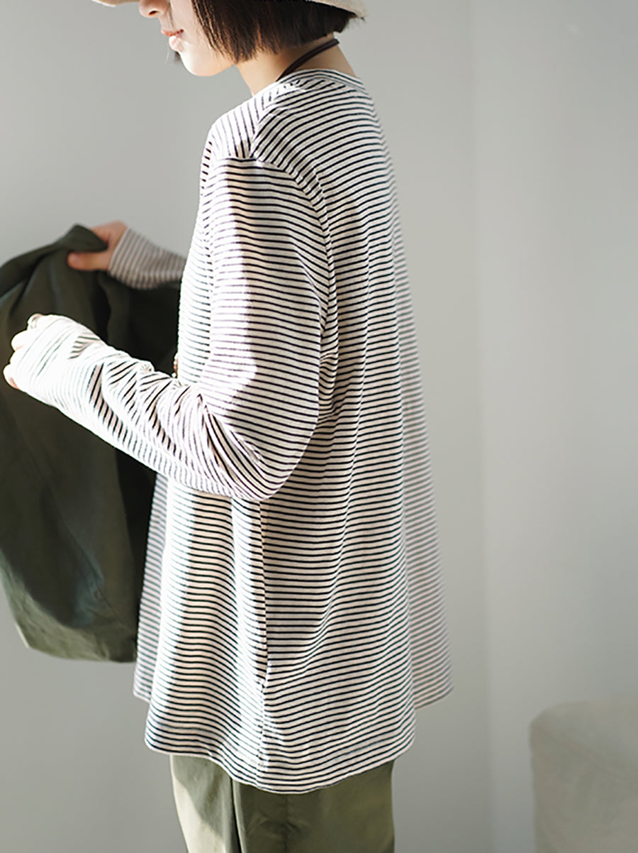 女士春季休閒條紋圓領純棉襯衫