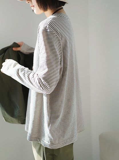 女士春季休閒條紋圓領純棉襯衫