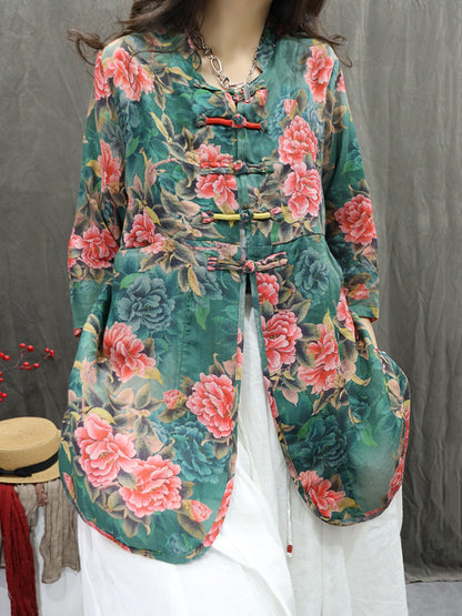 女士夏季立領花朵 100% 苧麻開襟衫