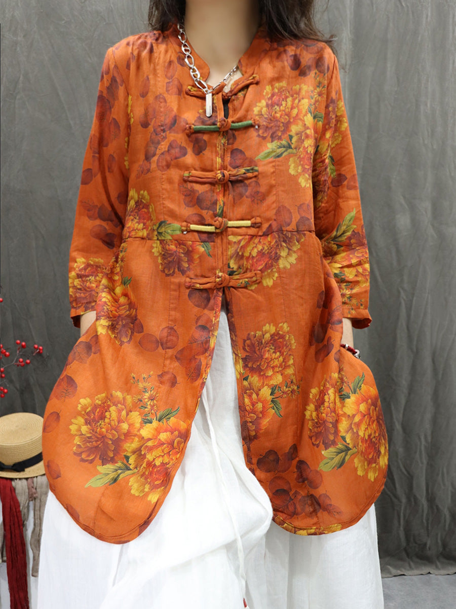 女士夏季立領花朵 100% 苧麻開襟衫
