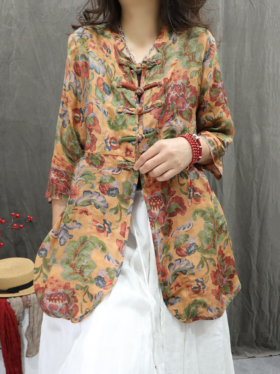 女士夏季立領花朵 100% 苧麻開襟衫
