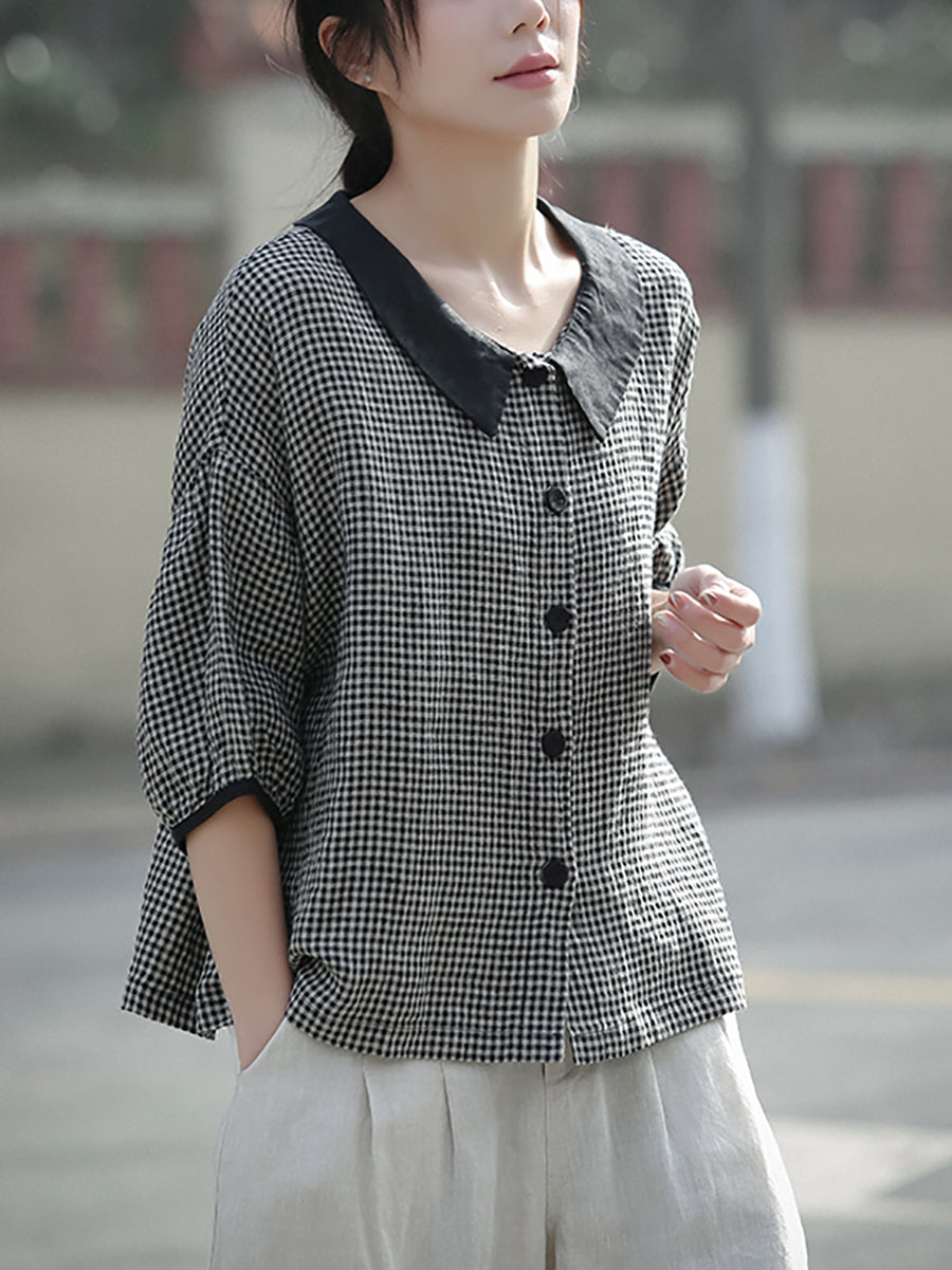 女士春季翻領格紋 100% 亞麻襯衫
