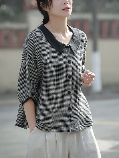 女士春季翻領格紋 100% 亞麻襯衫