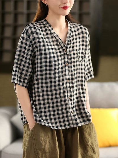 女士夏季 V 領格紋 100% 亞麻襯衫