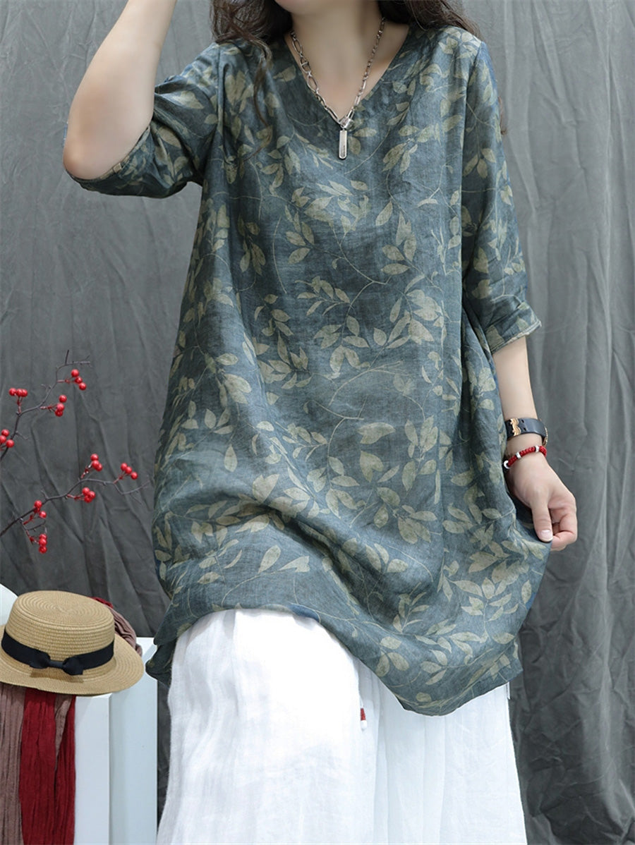 女士夏季藝術 V 領花朵 100% 苧麻襯衫