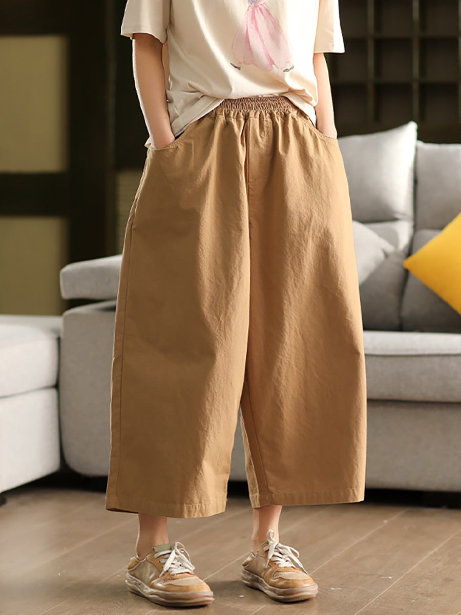 女士夏季純色純棉闊腿褲