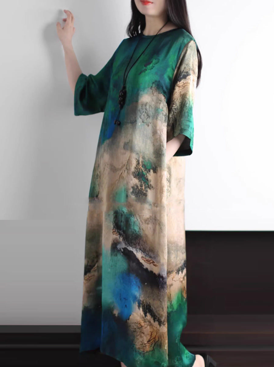 女士夏季藝術印花圓領真絲寬鬆連身裙