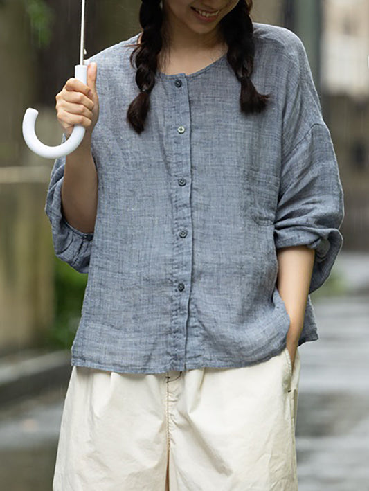 女士夏季休閒純色圓領100%亞麻襯衫
