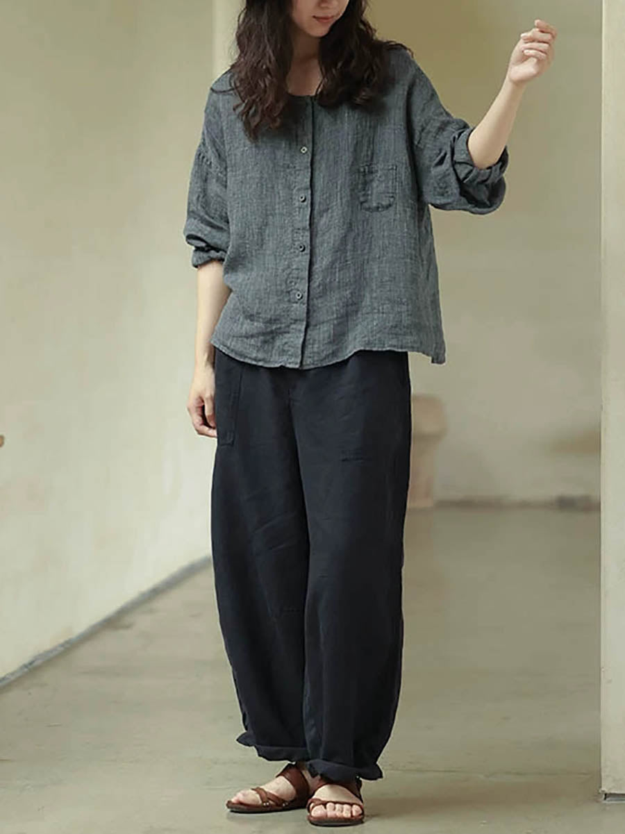 女士夏季休閒純色圓領100%亞麻襯衫