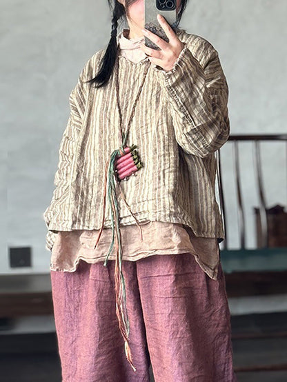 女士夏季復古條紋 V 領亞麻襯衫