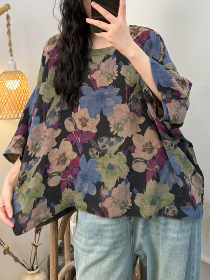 女士夏季休閒花朵圓領棉質寬鬆襯衫