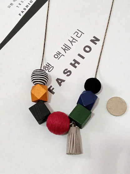 女士藝術幾何木流蘇項鍊