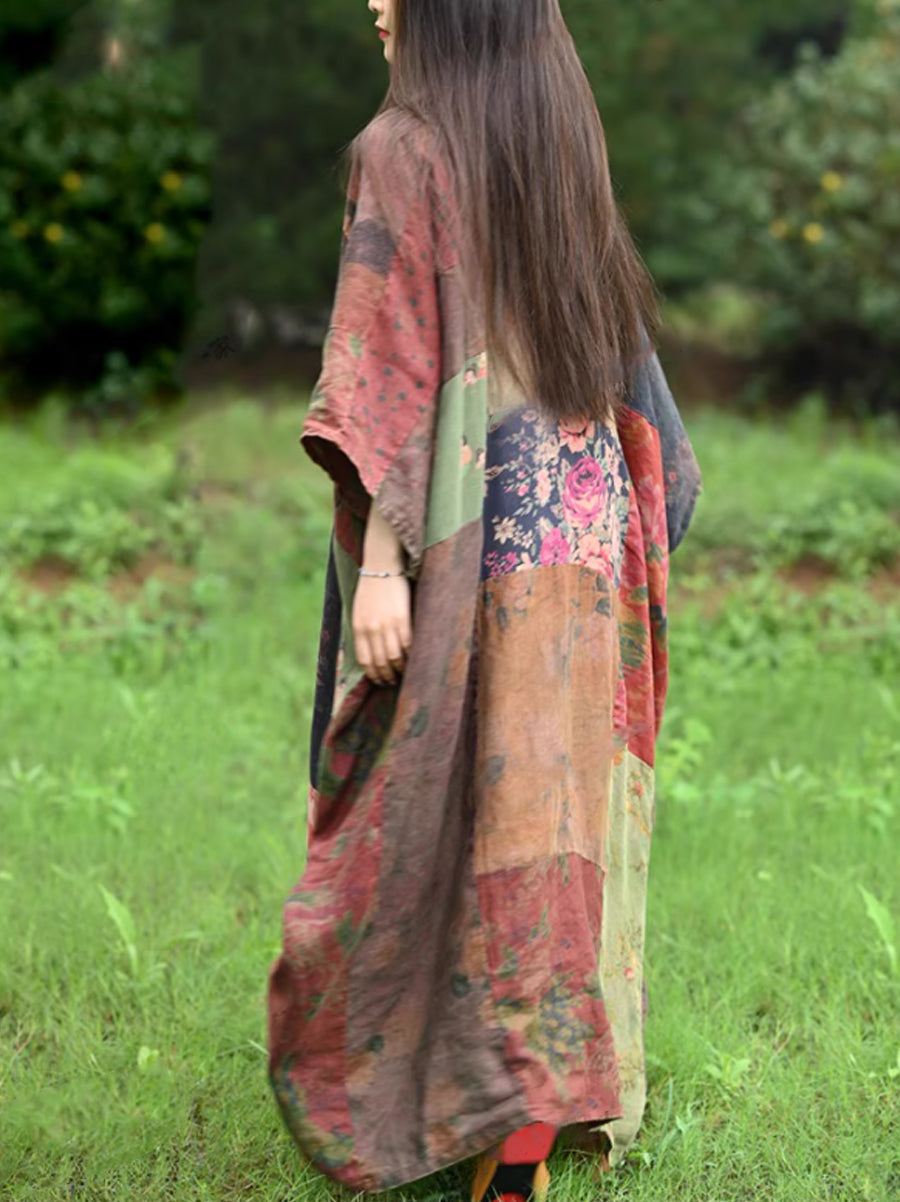 女款夏季民族風花朵貼佈V領100%亞麻洋裝